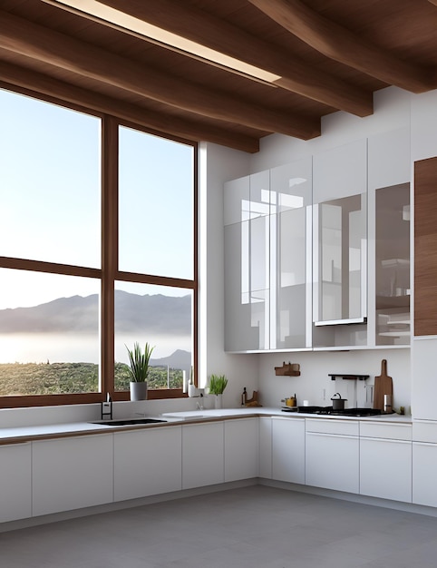 Photo photo of a kitchen with a breathtaking view of mountains through a large window