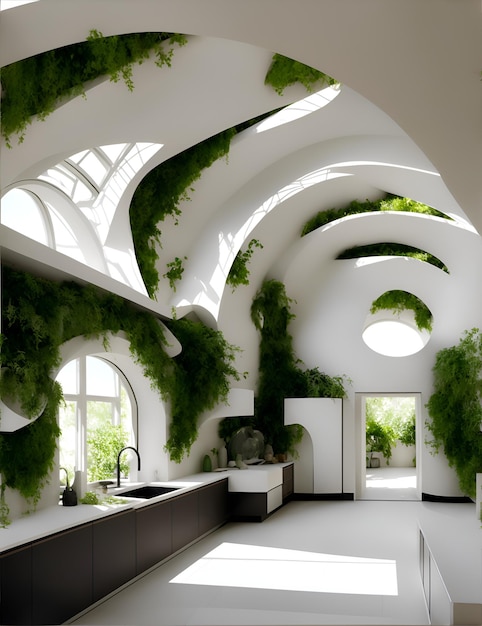 Photo of a kitchen with a hanging green plant on the ceiling bringing a touch of nature indoors