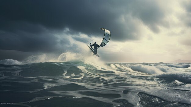 Photo a photo of a kite surfer riding the waves in the ocean cloudy sky