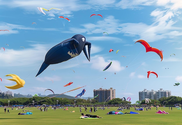 푸른 하늘에서 날아다니는 Kites의 사진 Kites 축제 축하