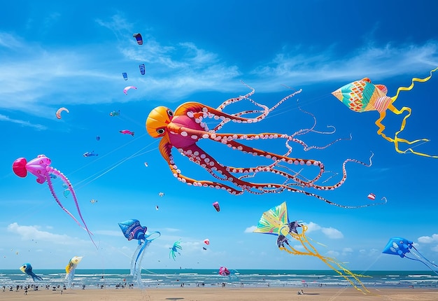 Photo of kites flying in the blue sky kites festival celebration