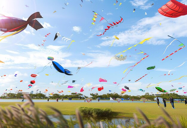 Photo of kites flying in the blue sky kites festival celebration