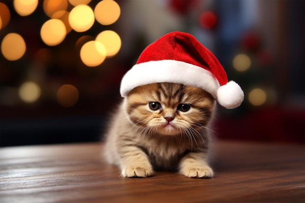 Photo of a kitten wearing a Santa hat