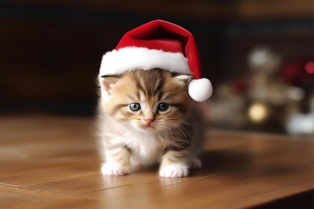 Photo of a kitten wearing a Santa hat