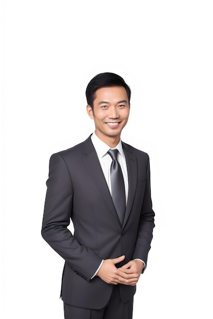 photo knappe en vriendelijke Aziatische zakenman glimlach in formele pak op witte achtergrond