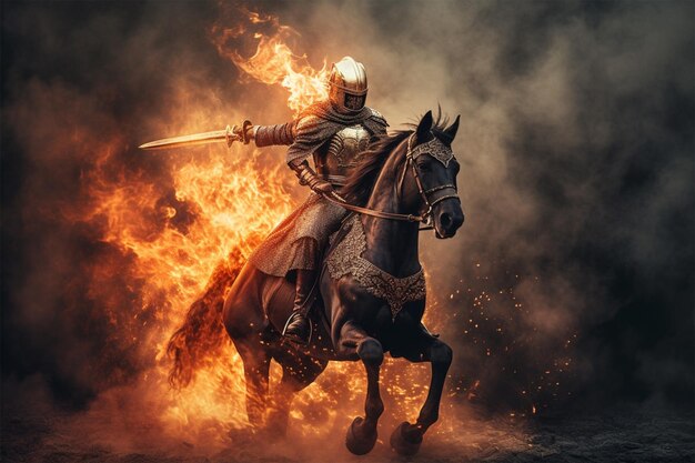 photo of knight riding horse with sparks