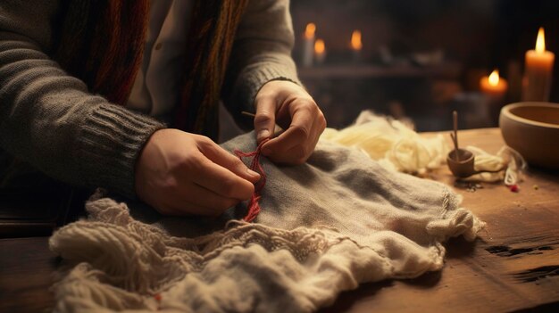 A photo of a knitter making a cozy scarf