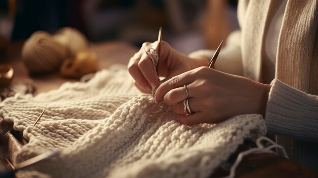 Фото плетеницы, работающей над уютным шарфом.