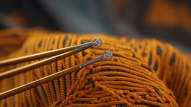 A photo of a knitters needles creating a complex pattern