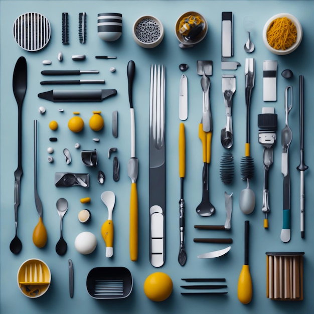 Photo of knolling of kitchen utensils