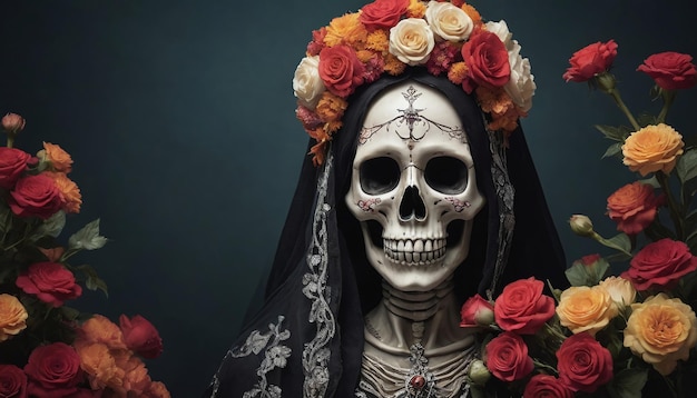 Photo Of La Llorona And La Santa Muerte Skull With Flowers