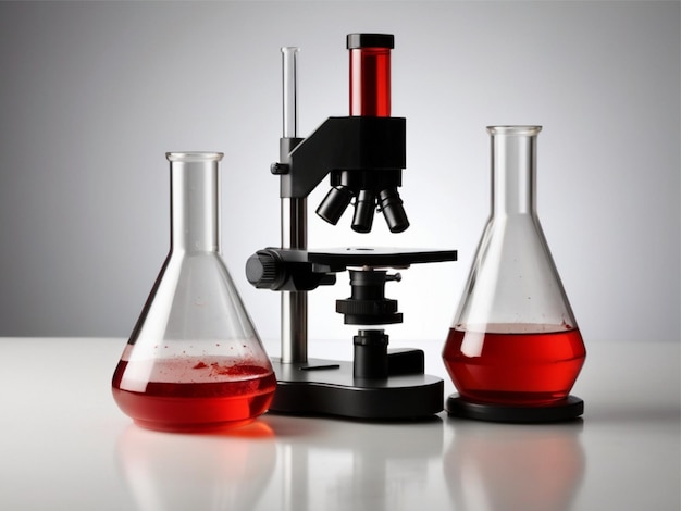 Photo laboratory glassware with red liquid and microscope isolated on white