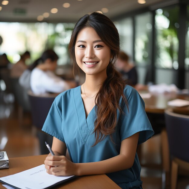 Foto photo lachende aziatische arts vrouwelijke verpleegster met klembord en pen in uniform met handschoenen schrijven