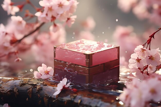 Photo of lacquered wooden box cosmetic surrounded by floating cherry cosmetic packaging concept