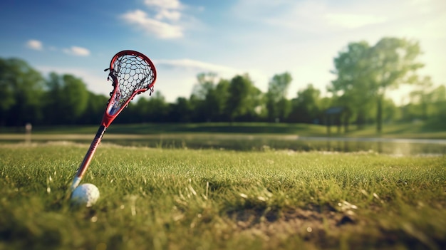 A photo of a lacrosse stick and ball on a field