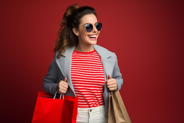 Photo of Lady Laugh Hold Store Packages Wear Red TShirt