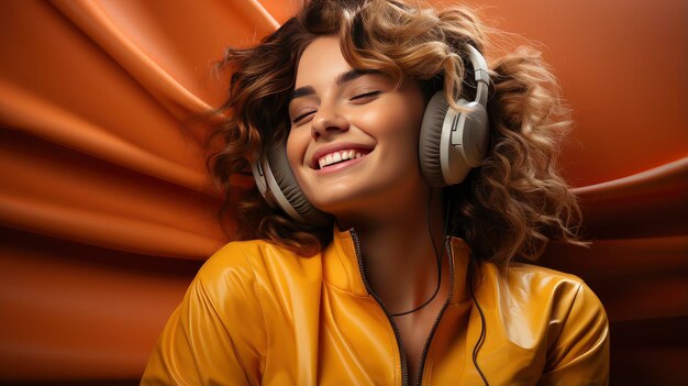 Photo of lady listen music look empty space open mouth wear earphones