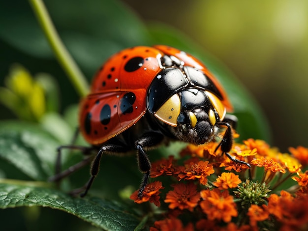 Photo of ladybug cinematic shot outdoor background macro shot of nature