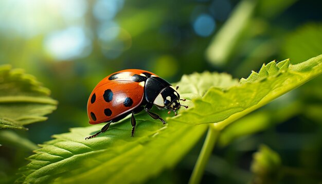 photo ladybug sitting on a green leaf