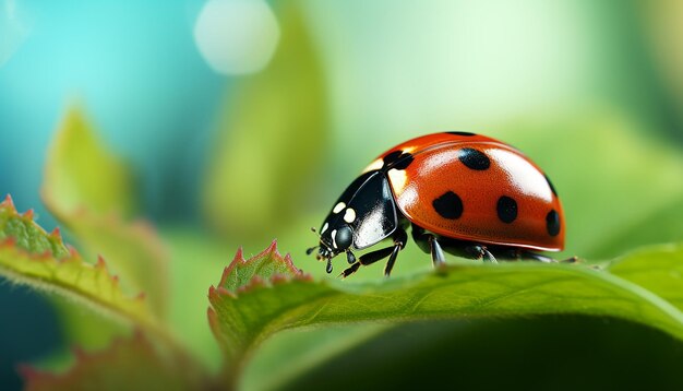 photo ladybug sitting on a green leaf