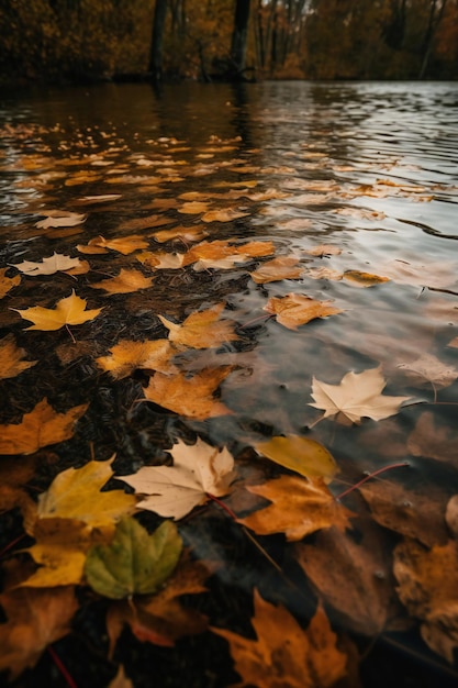 A photo of a lake with leaves floating on the water