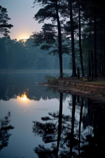 Photo of lake with moon reflection AI generative