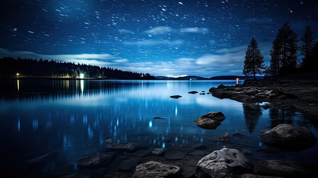 A photo of a lake with a starry night backdrop still waters