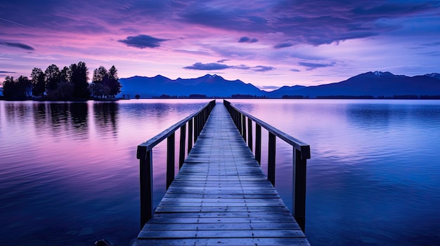 A photo of a lake with a wooden pier twilight glow