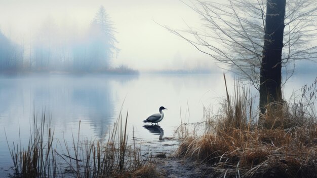 A photo of a lakeside birdwatching area with a misty morning fog