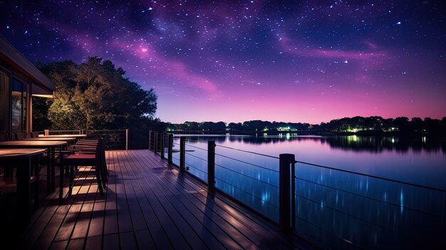 Photo a photo of a lakeside wildlife observation deck with a clear starry night sky