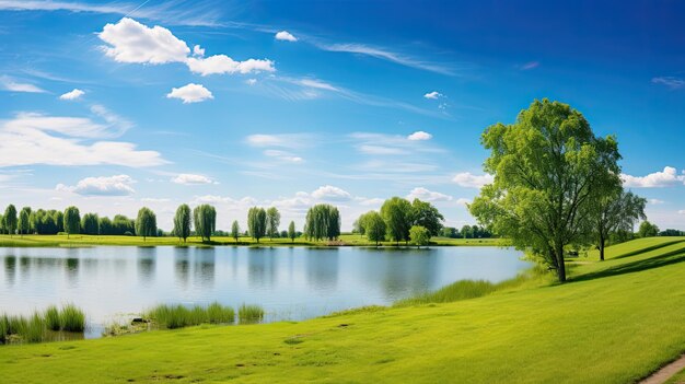 A photo of a lakeside with a grassy field clear blue sky