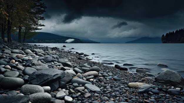 A photo of a lakeside with a pebbly shore stormy clouds