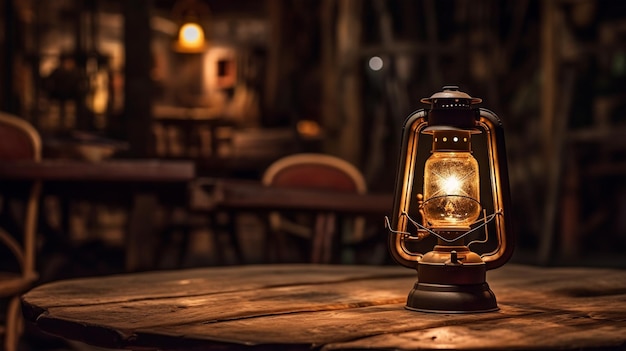 Photo of lamp on rustic wooden table generative ai