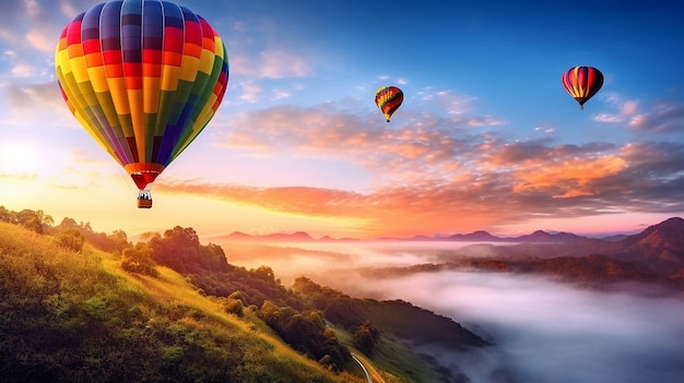 Фото пейзаж с воздушными шарами в утреннем тумане с восходом солнца в горах