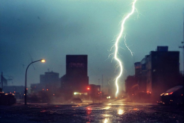 a photo of a landscape of lightning mountains ocean