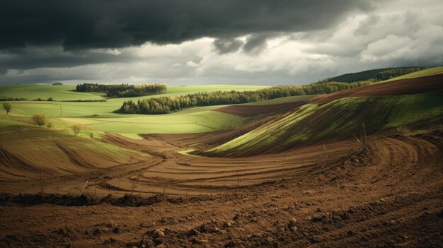 Foto una foto di una frana nei campi ondulati di un terreno agricolo rurale