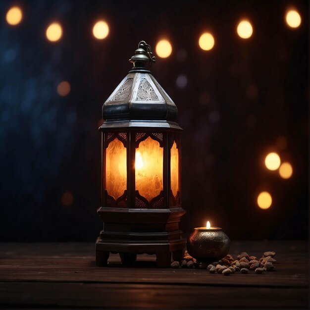 Photo photo of lantern lit up in a dark night ramadan kareem islamic eid festival banner design