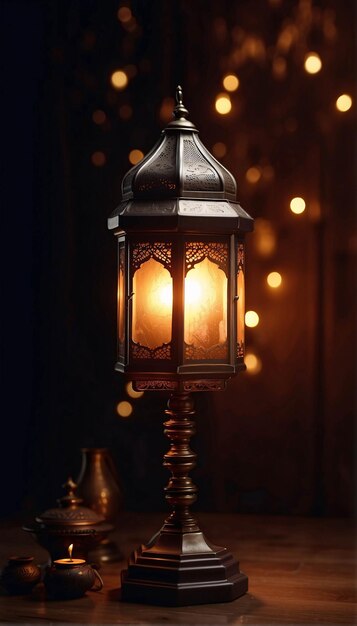 Photo of Lantern Lit Up in a Dark Night Ramadan Kareem Islamic Eid Festival Banner Design