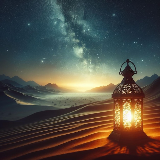 Photo lantern with night light background for the muslim feast of the holy month of