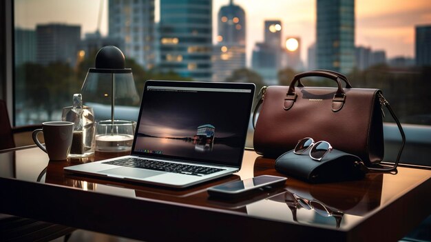 A photo of a laptop and accessories on a sleek glass desk