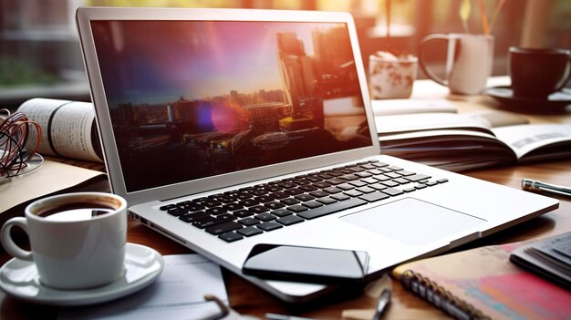 A photo of a laptop and coffee cup amidst stationery items