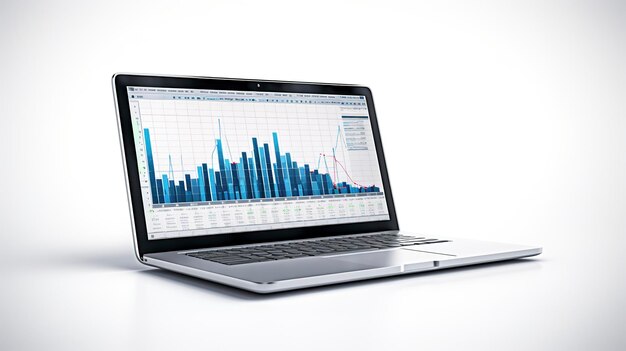 A photo of a laptop and financial graphs