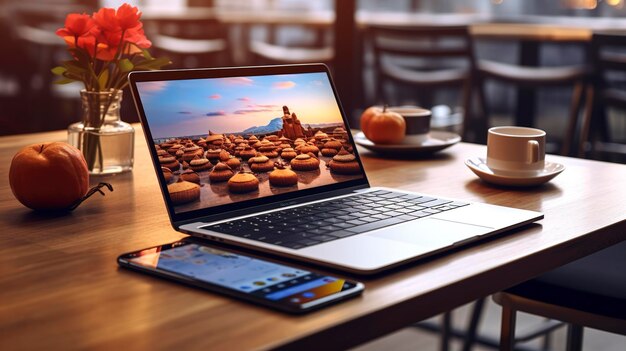 A photo of a laptop and smartphone on a coffee table