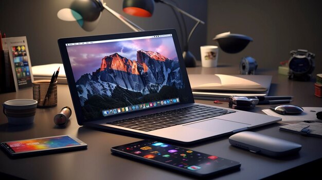 A photo of a laptop and tablet surrounded by various office supplies