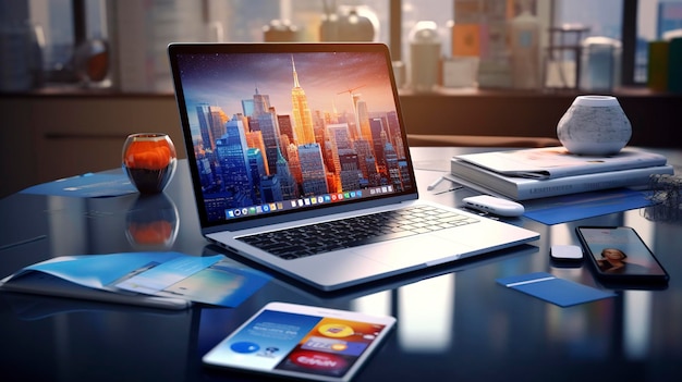 A photo of a laptop and tablet surrounded by various office supplies