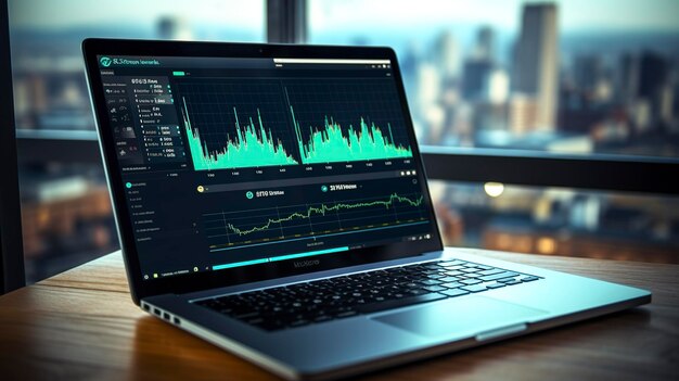 A photo of a laptop with financial graphs on the screen