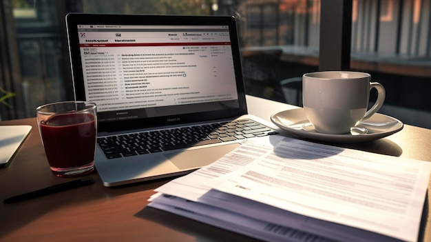 A photo of a laptop with tax forms and a cup of coffee