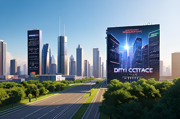 A photo large billboard in the city mockup at day 3d Futuristic city with billboard