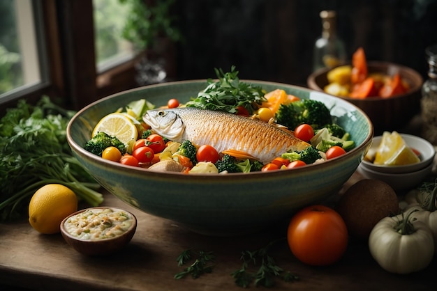 Photo photo a large bowl of food with fish and vegetables