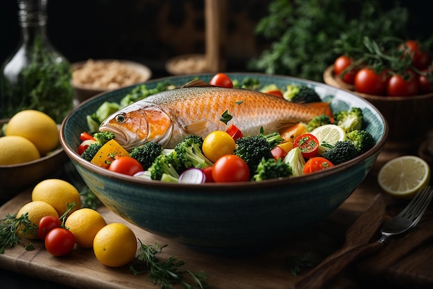 Photo a large bowl of food with fish and vegetables